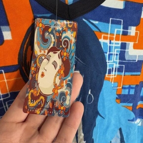 Hayes Shirt Womens Small Blue Psychedelic Graphic V Neck Long Sleeve Top Retro - Picture 4 of 7